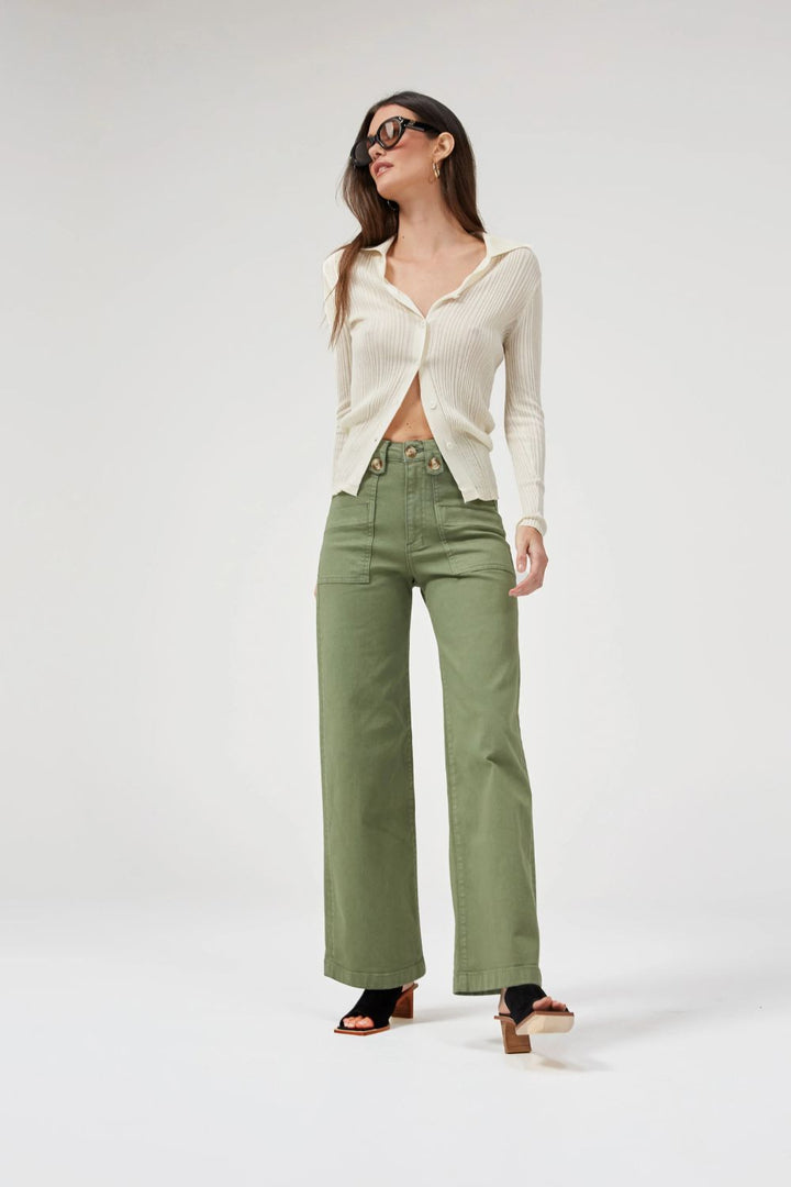Dricoper | Carrie Oil Green Wide Straight Leg Jeans
