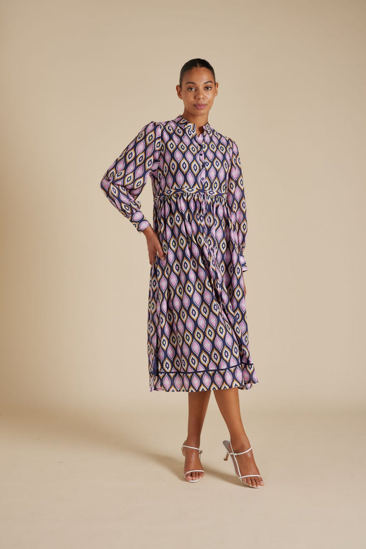 Alessandra | Zara Cotton Silk Dress in Navy Concerto Print