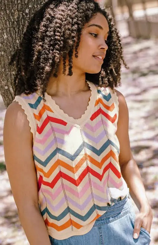 Rosie V-Neck Knit Vest Cream, Rainbow Chevron Stripes