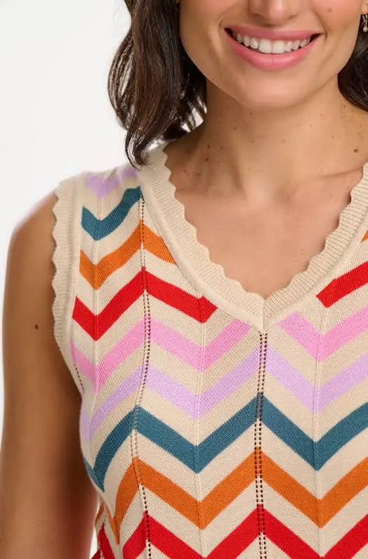 Rosie V-Neck Knit Vest Cream, Rainbow Chevron Stripes