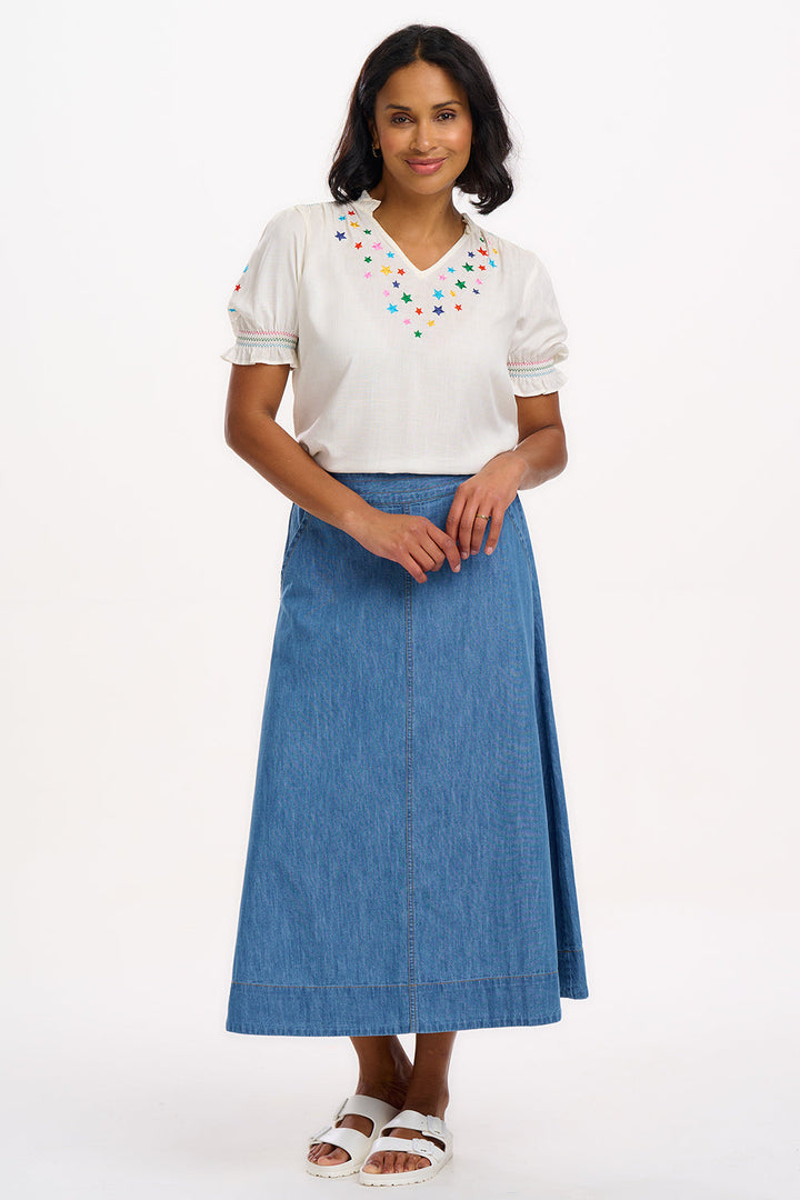 Haydee Shirred Top - Off White Rainbow Stars