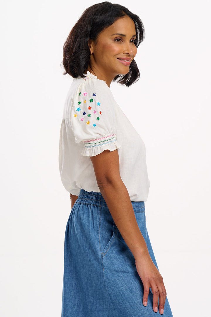 Haydee Shirred Top - Off White Rainbow Stars