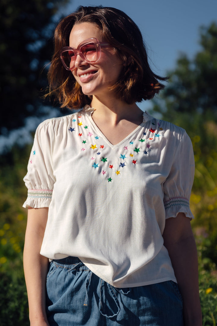 Haydee Shirred Top - Off White Rainbow Stars