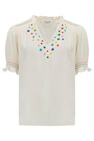 Haydee Shirred Top - Off White Rainbow Stars