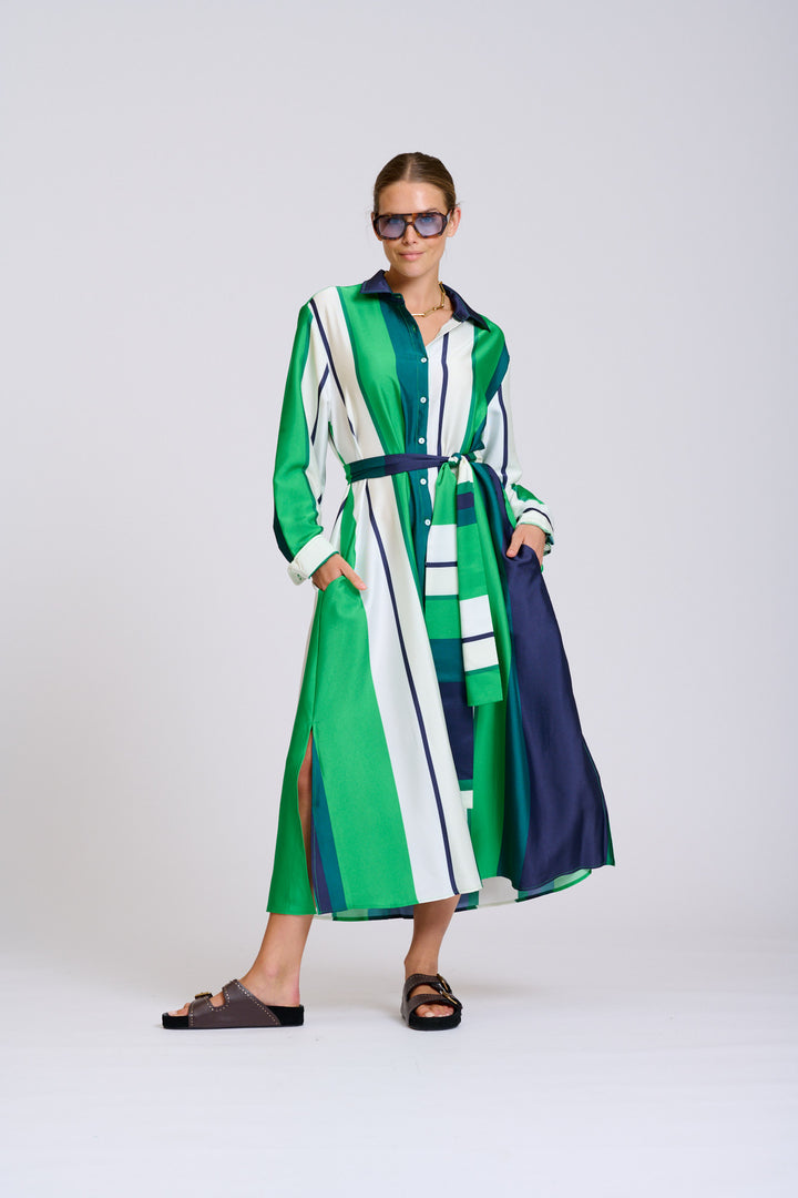 Shirty | The Luxe Luna Longline Shirt Dress | Navy & Green Bold Stripes