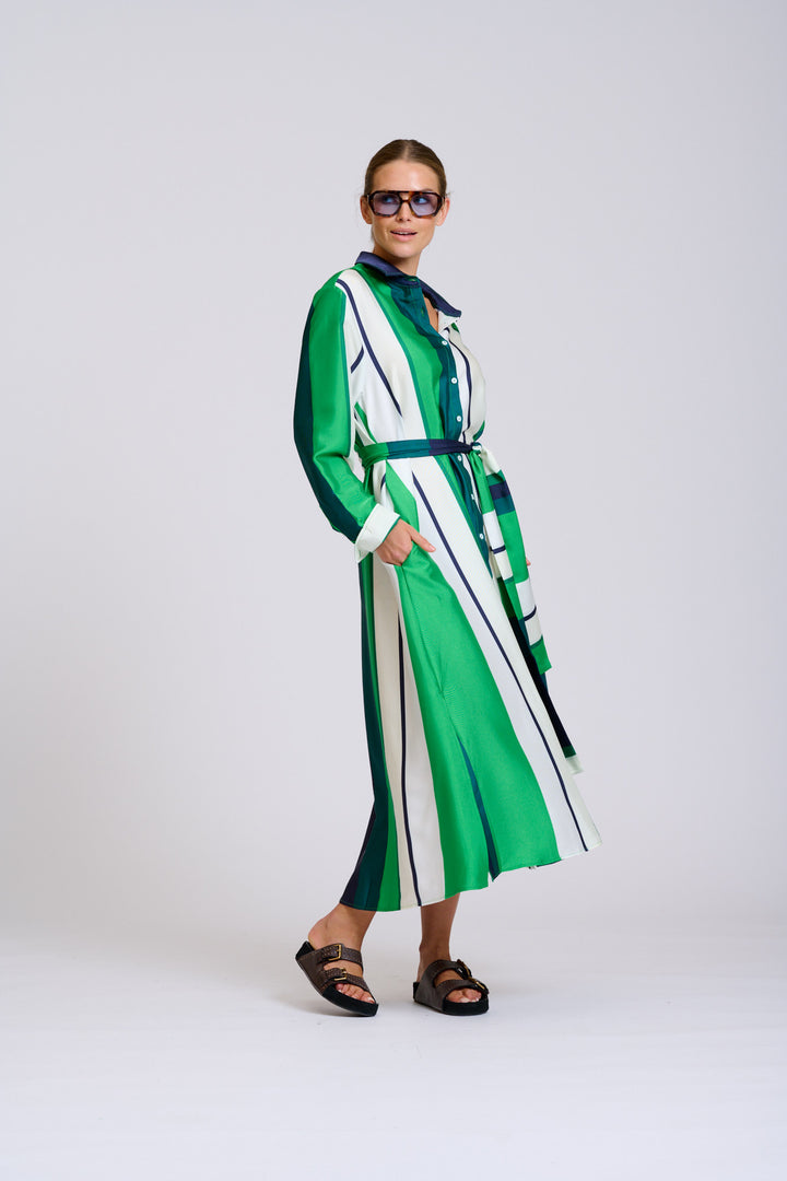 Shirty | The Luxe Luna Longline Shirt Dress | Navy & Green Bold Stripes