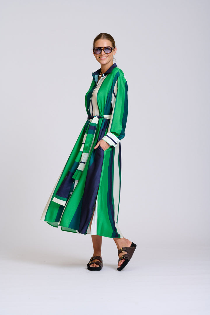 Shirty | The Luxe Luna Longline Shirt Dress | Navy & Green Bold Stripes