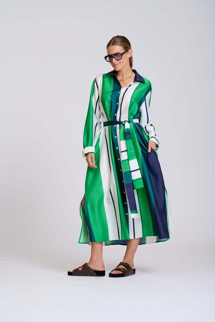 Shirty | The Luxe Luna Longline Shirt Dress | Navy & Green Bold Stripes
