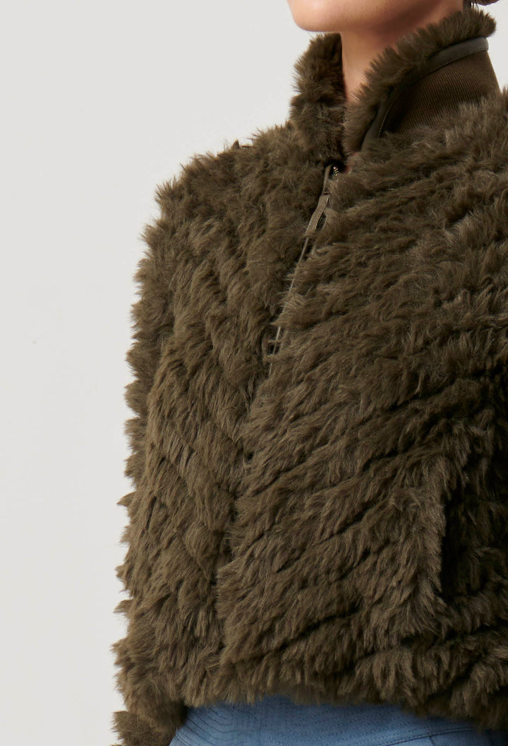 Once Was | Sybil Chevron Faux Fur Bomber | Moss