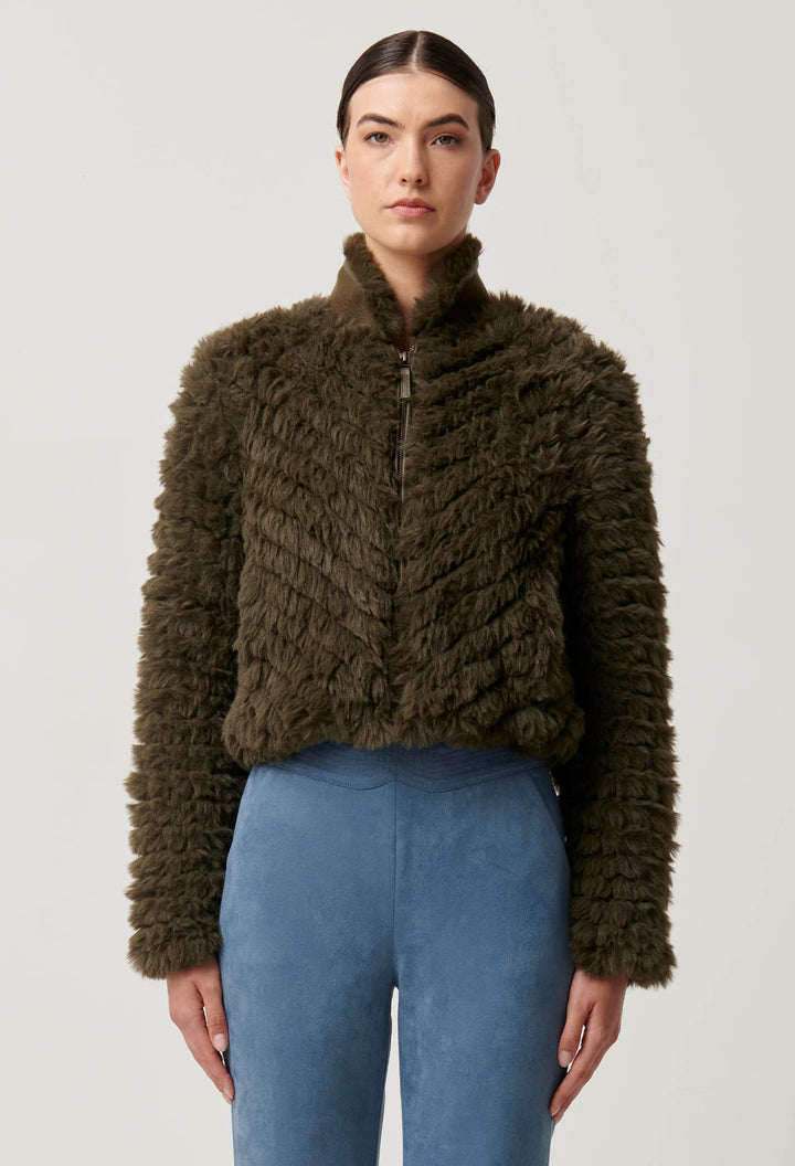 Once Was | Sybil Chevron Faux Fur Bomber | Moss
