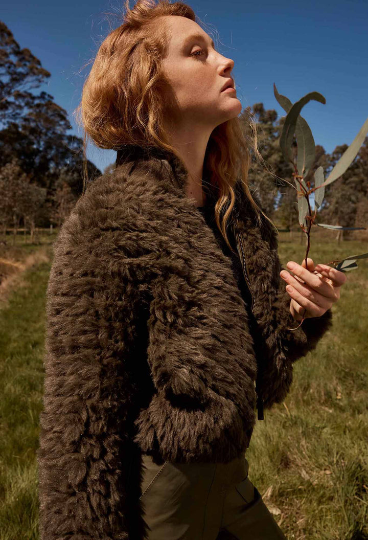 Once Was | Sybil Chevron Faux Fur Bomber | Moss
