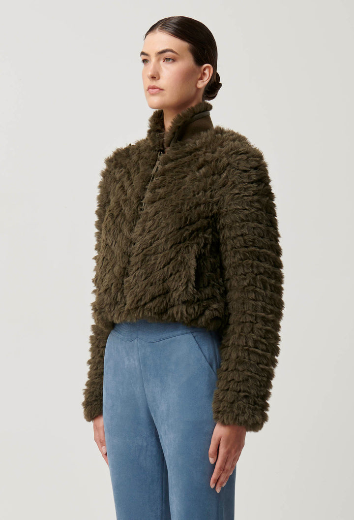 Once Was | Sybil Chevron Faux Fur Bomber | Moss