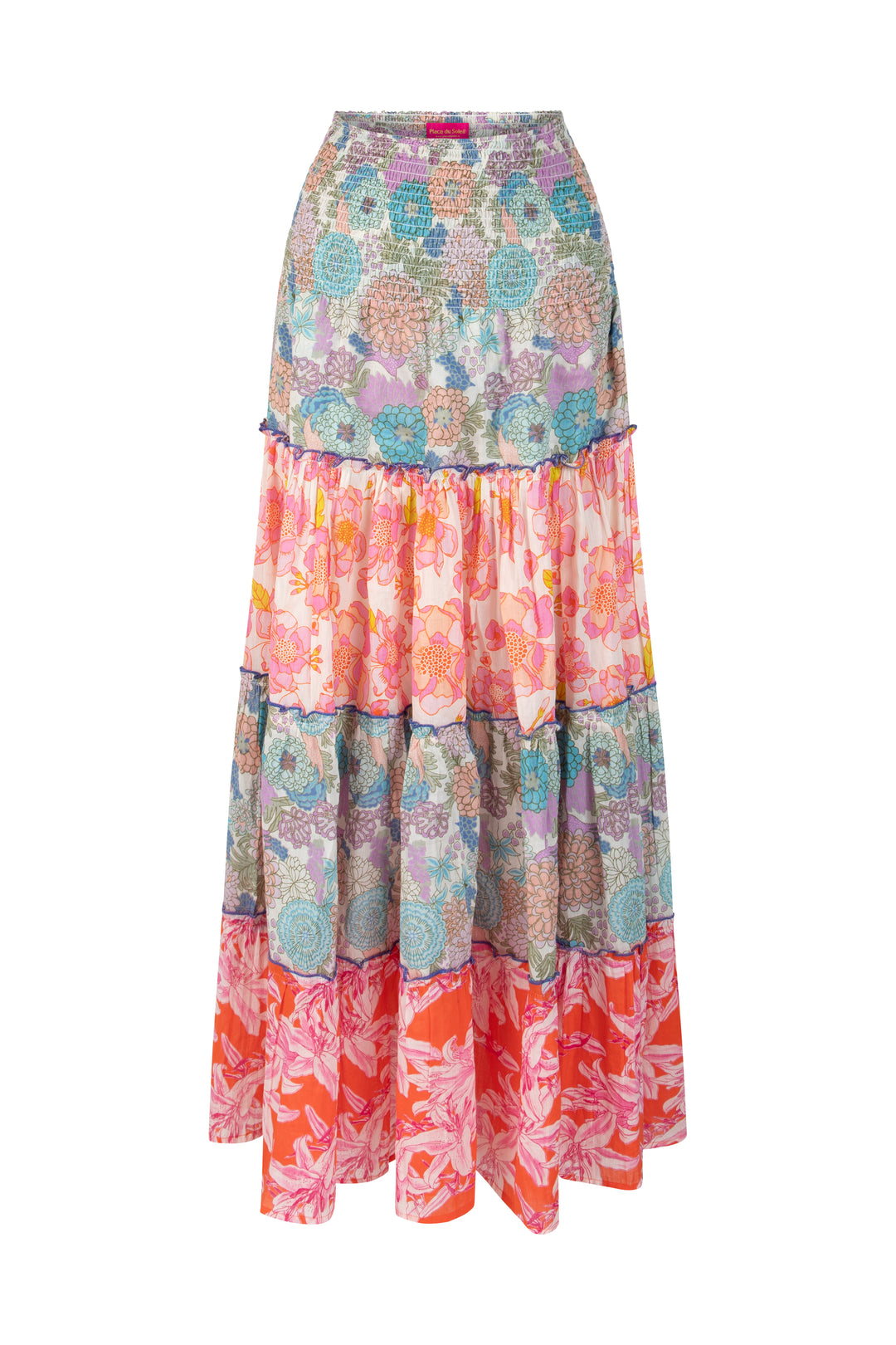 Place du Soleil | Cotton Mix Print Long Skirt | Multi Panel
