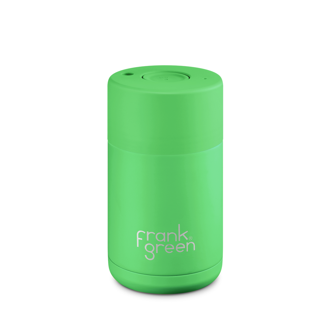 FRANK GREEN | STAINLESS STEEL CERAMIC REUSABLE CUP | NEON GREEN W/ BUTTON LID