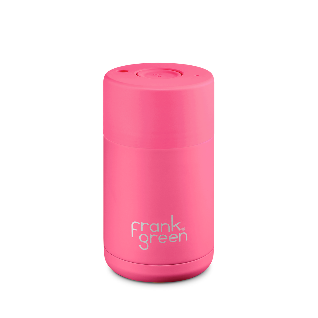FRANK GREEN | STAINLESS STEEL CERAMIC REUSABLE CUP | NEON PINK W/ BUTTON LID