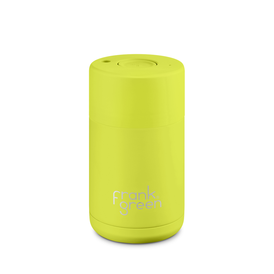 FRANK GREEN | STAINLESS STEEL CERAMIC REUSABLE CUP | NEON YELLOW W/ BUTTON LID