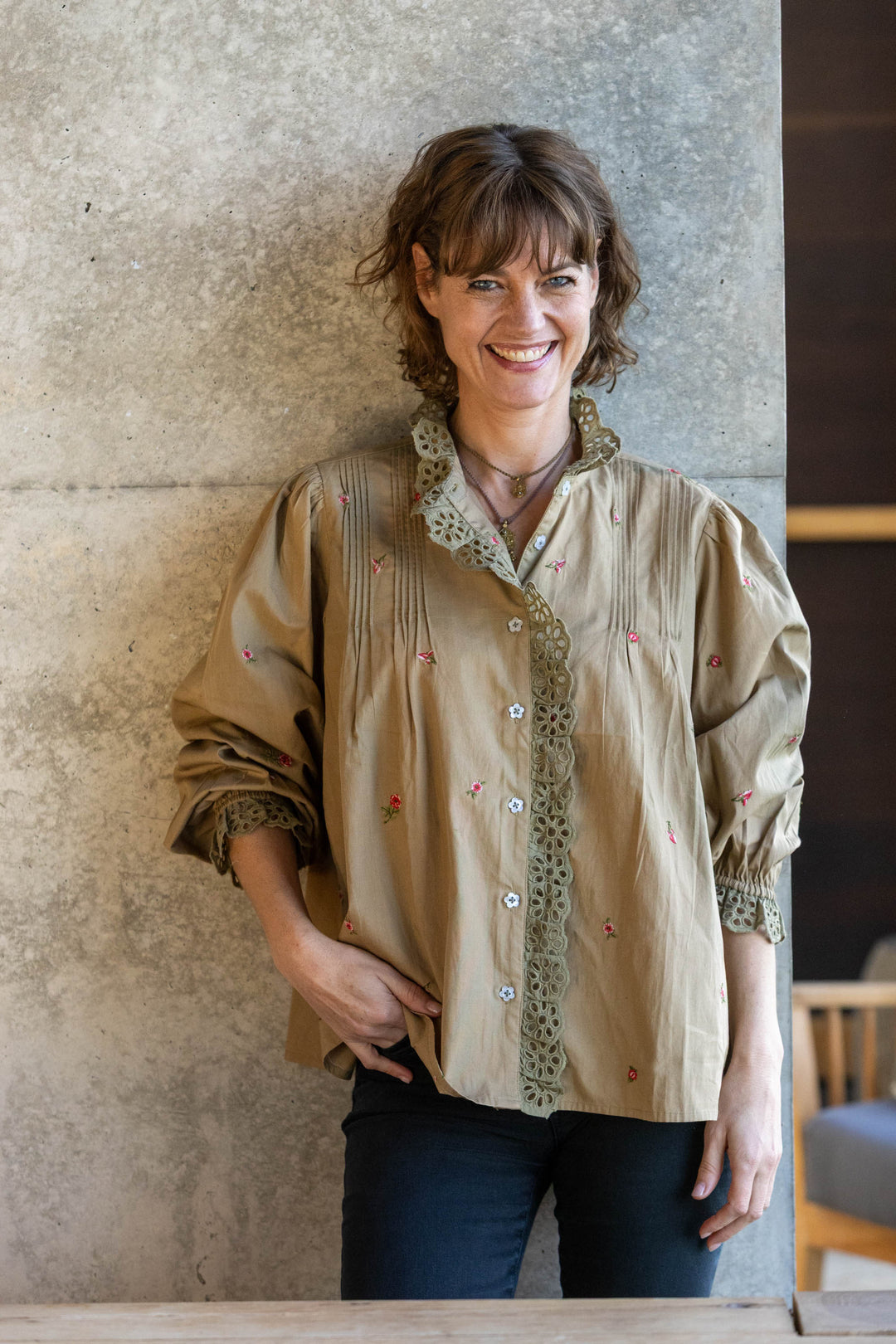 Mandalay Designs | Floral Ditsy Embroidery Shirt | Olive - Dutch Hideout