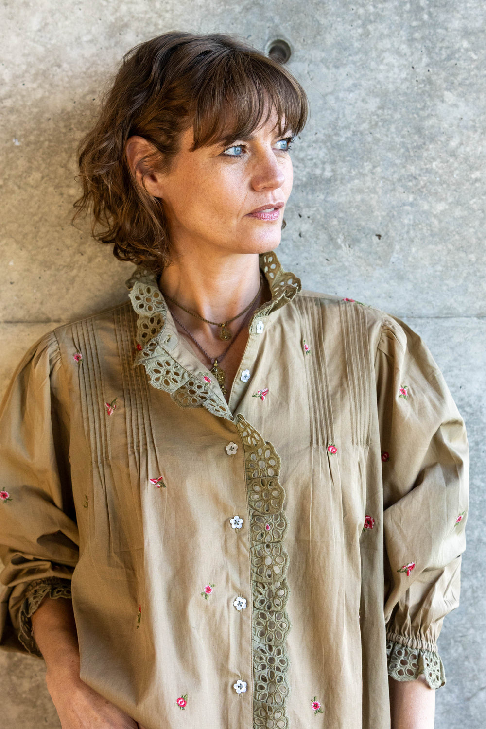 Mandalay Designs | Floral Ditsy Embroidery Shirt | Olive - Dutch Hideout