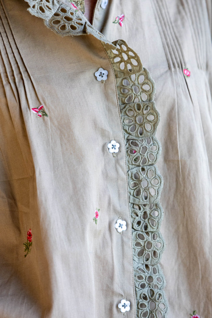 Mandalay Designs | Floral Ditsy Embroidery Shirt | Olive - Dutch Hideout