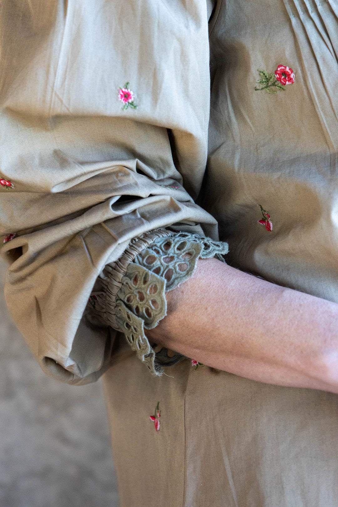 Mandalay Designs | Floral Ditsy Embroidery Shirt | Olive - Dutch Hideout