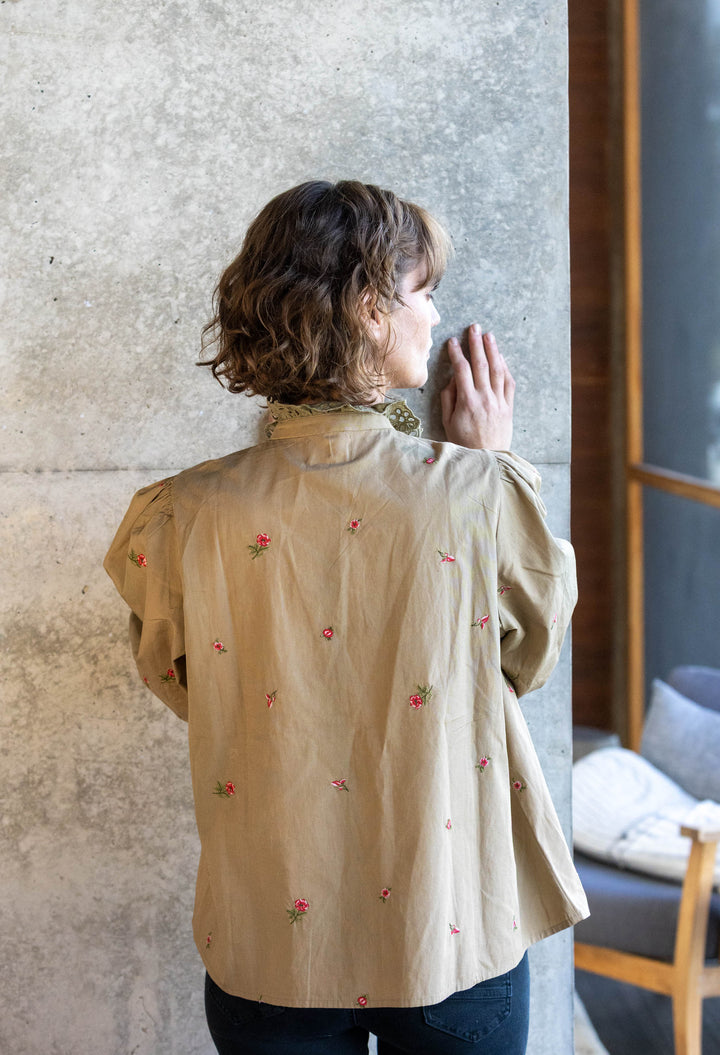 Mandalay Designs | Floral Ditsy Embroidery Shirt | Olive - Dutch Hideout