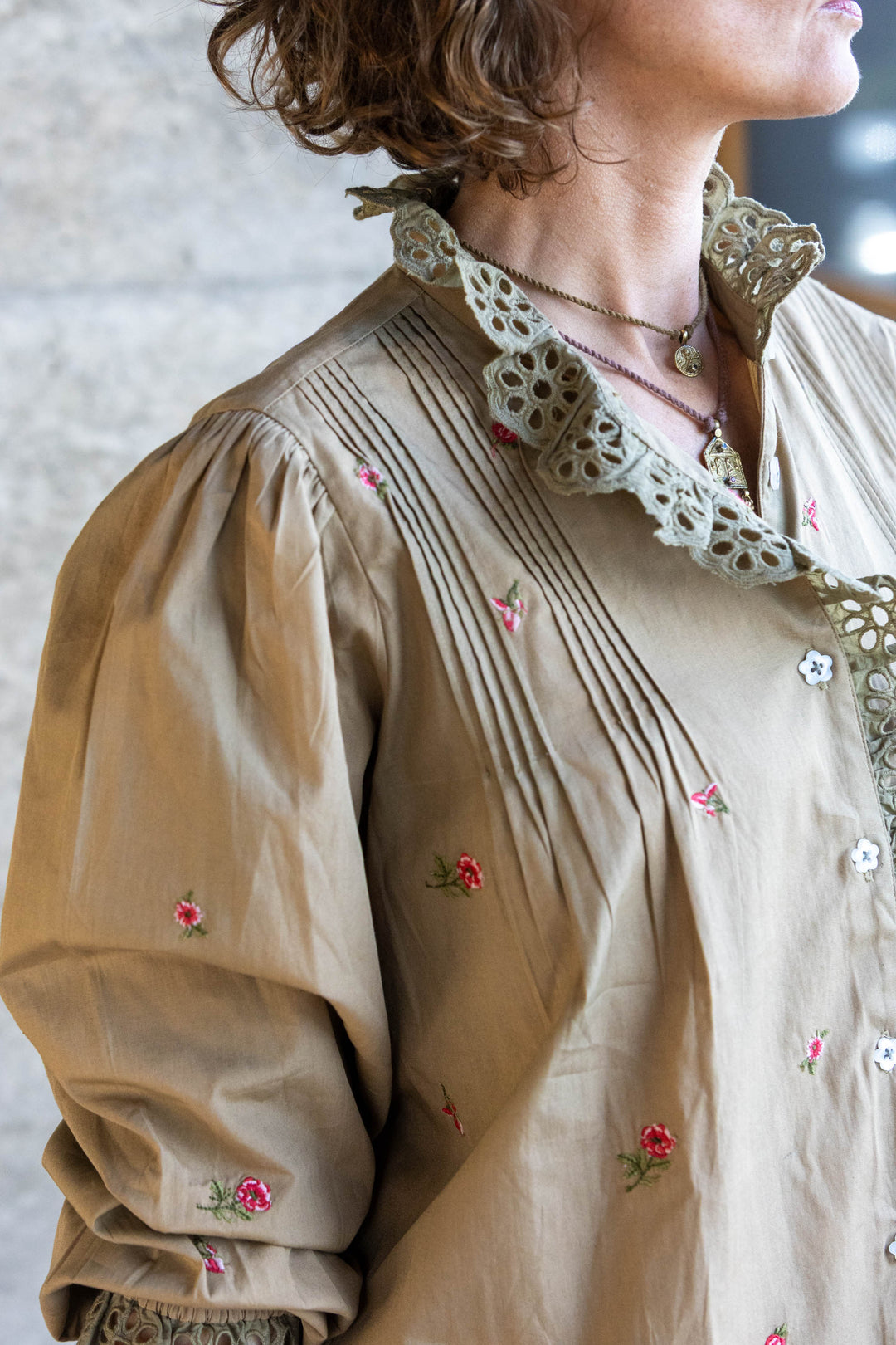 Mandalay Designs | Floral Ditsy Embroidery Shirt | Olive - Dutch Hideout