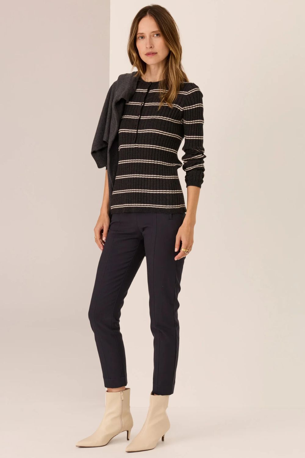 POL Clothing | Tate Henley Knit | Charcoal / White - Dutch Hideout
