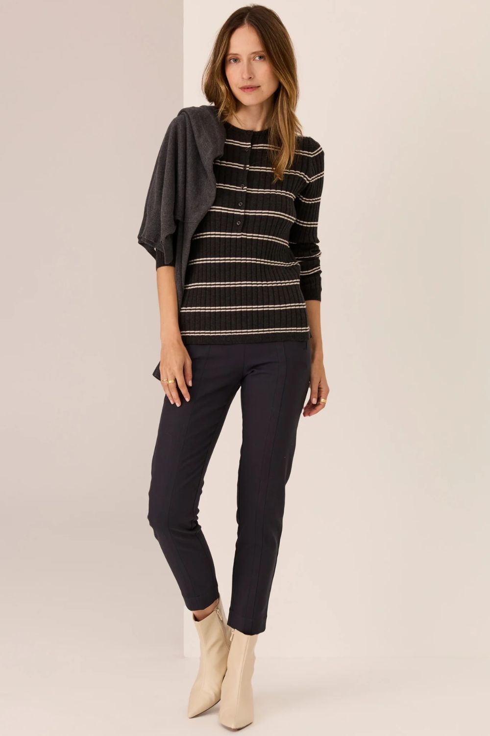 POL Clothing | Tate Henley Knit | Charcoal / White - Dutch Hideout