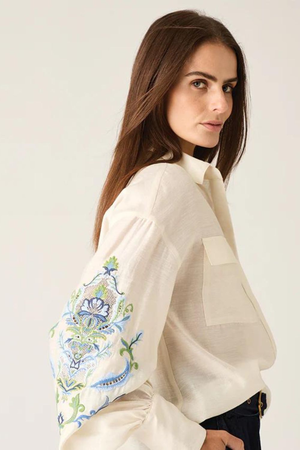 Mos the Label | Marcela Embroidery Blouse | Ivory Blue Embroidery