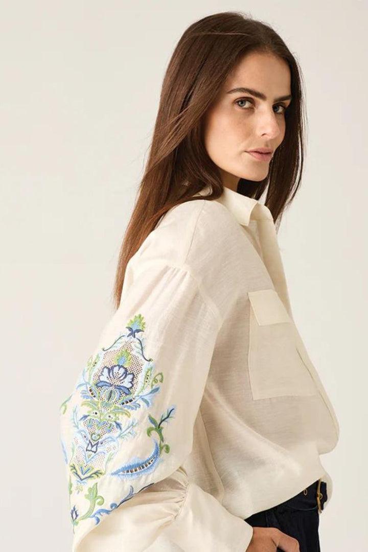 Mos the Label | Marcela Embroidery Blouse | Ivory Blue Embroidery