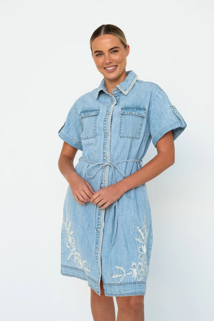 Kireina | Simone Dress | Floral Embroidery | 70s Blue