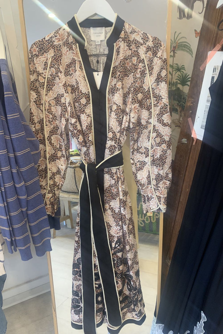 Once Was | Camille Viscose Linen Curved Hem Placement Embroidered Dress | Russet Palm - Dutch Hideout