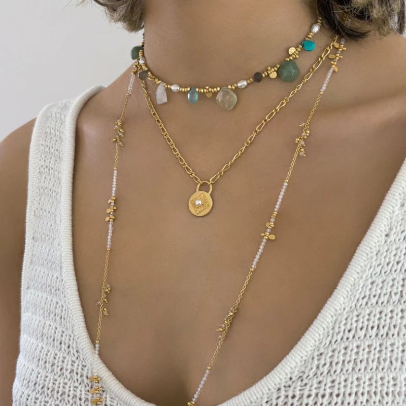 Ruby Teva | Moonstone, Aventurine, Turquoise & Pearl Gold Charm String Necklace