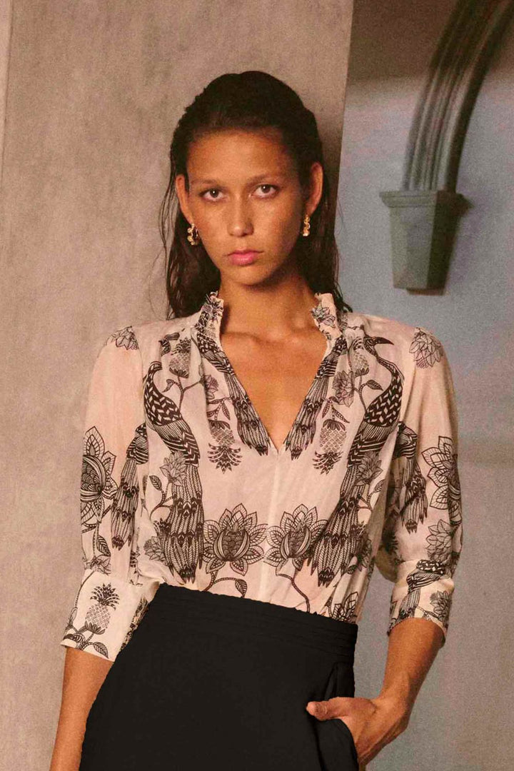 Once Was | Oleander Cotton Silk Shirred Blouse | Imperial Stone