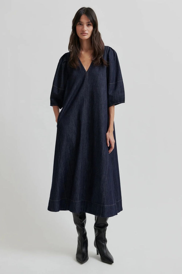 Second Female | Dera V Neck Denim Dress | Dark Blue Denim - Dutch Hideout