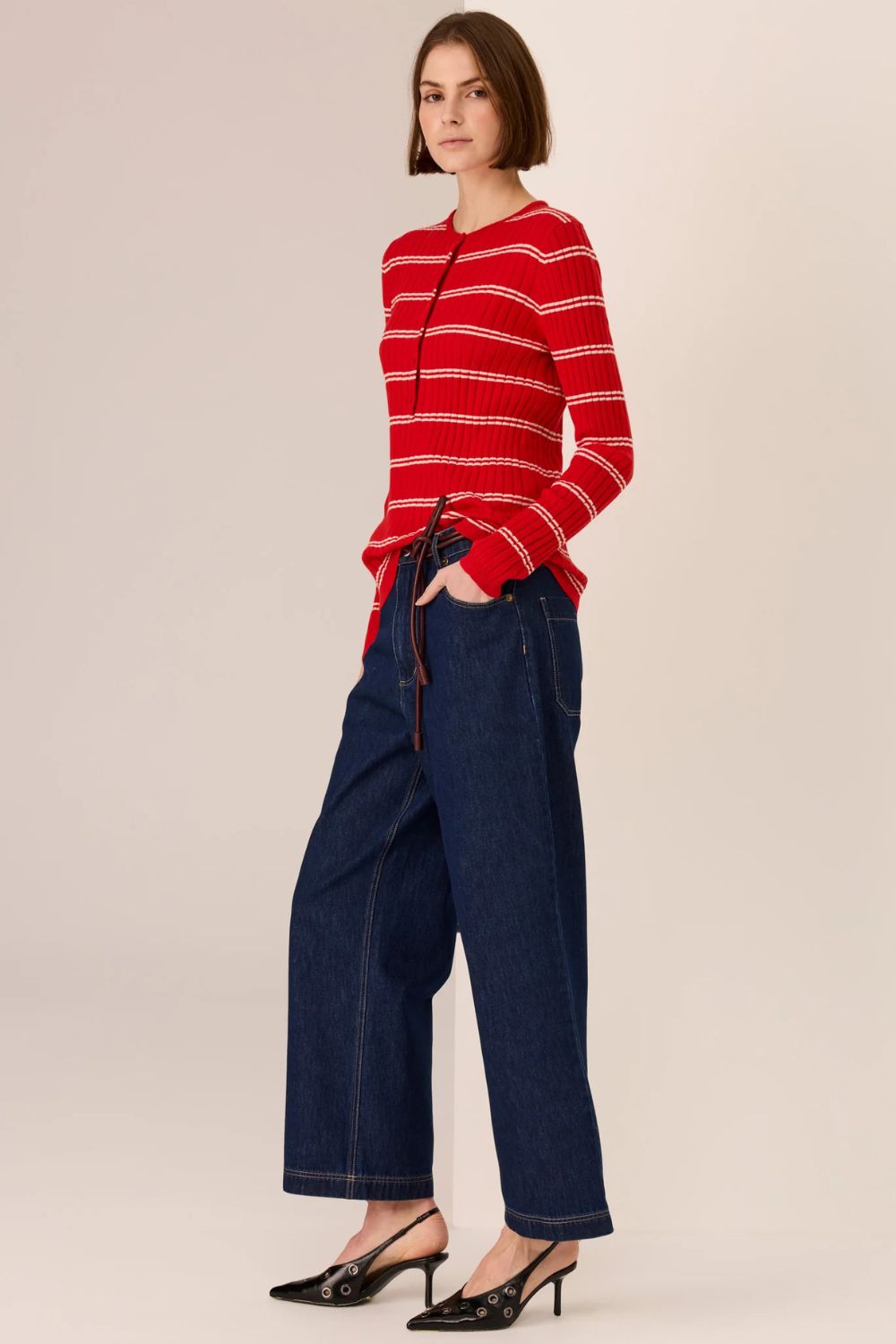 POL Clothing | Tate Henley Knit | Red / White - Dutch Hideout