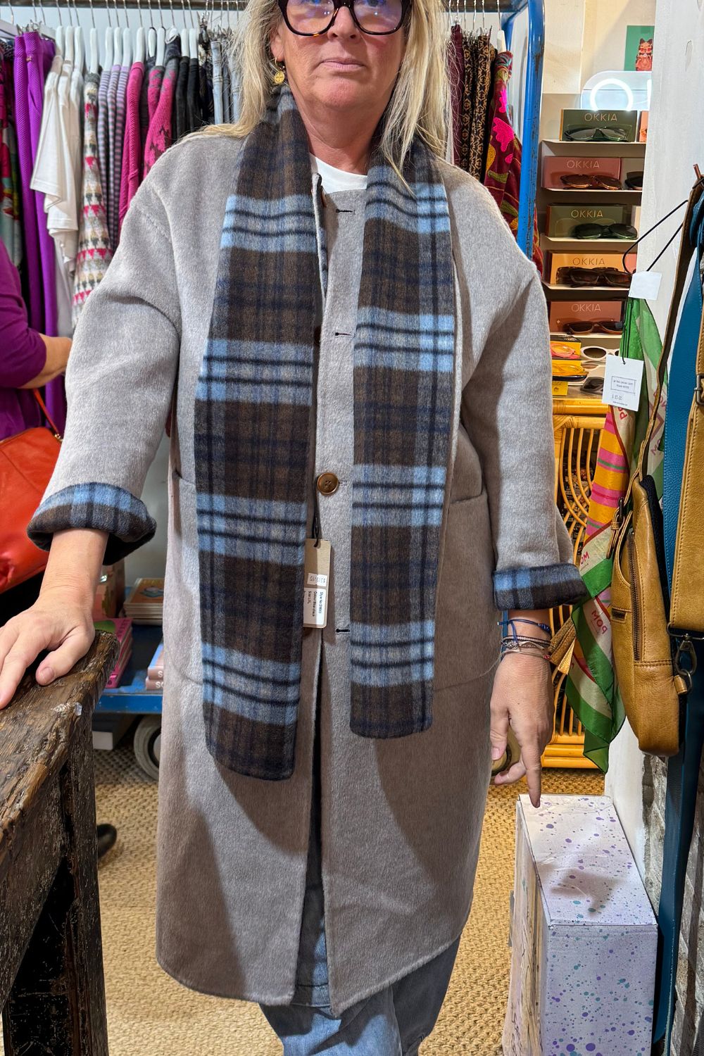 Reversible Built in Scarf Coat | Grey / Blue