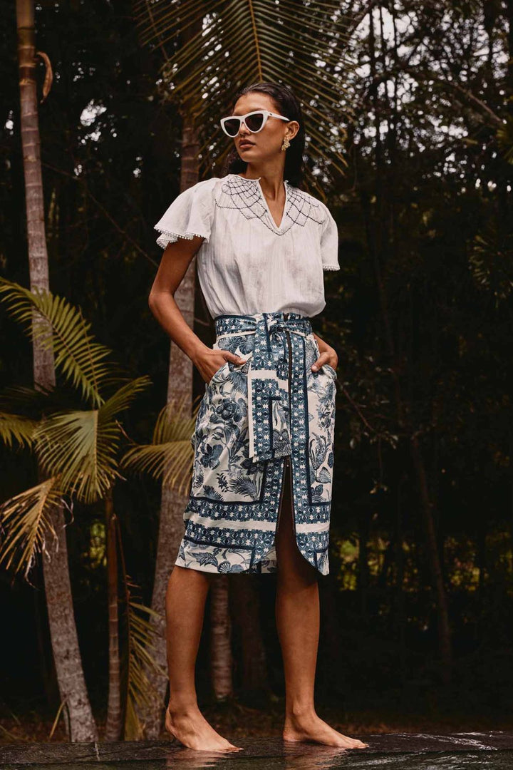 Once Was | Delray Stretch Linen Viscose Skirt | Ink Fle' Print