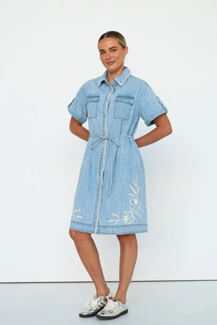 Kireina | Simone Dress | Floral Embroidery | 70s Blue