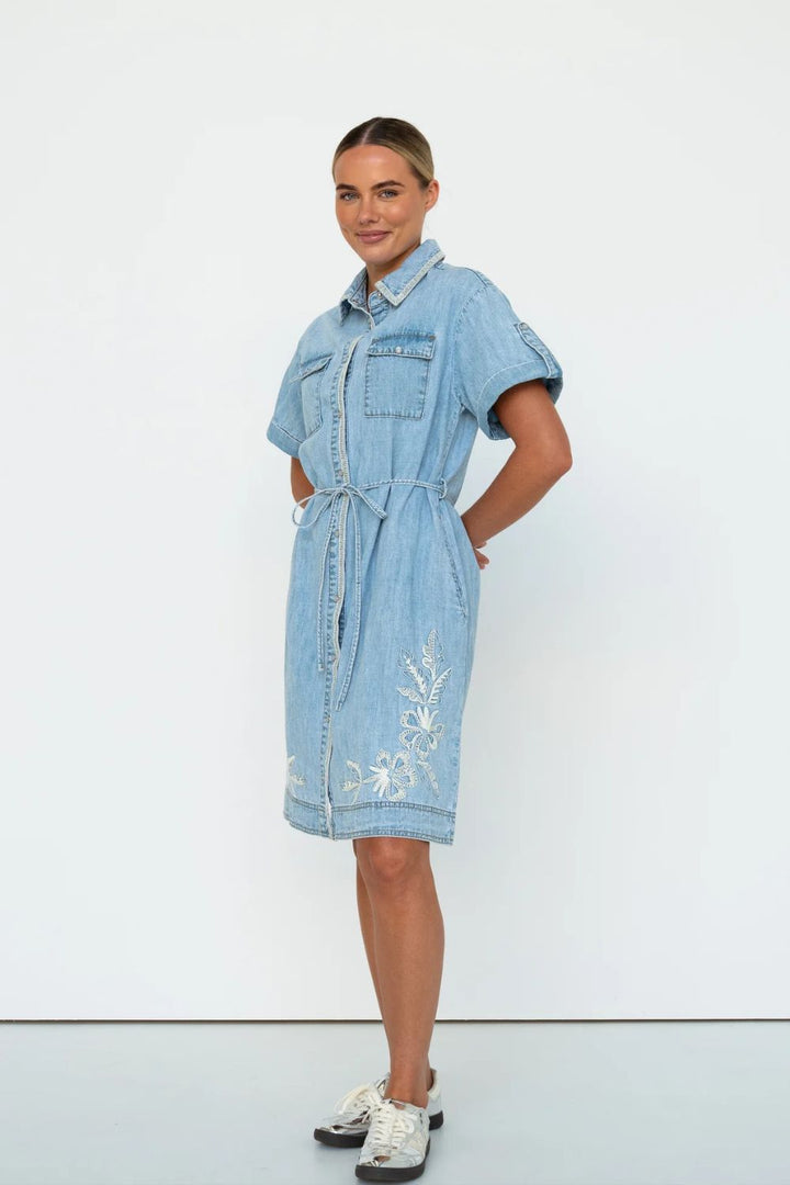 Kireina | Simone Dress | Floral Embroidery | 70s Blue