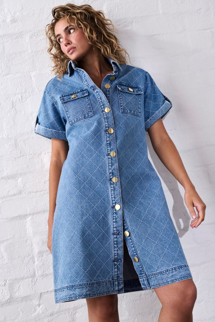 Kireina | Simone Dress | Check Stitch - 70s Blue