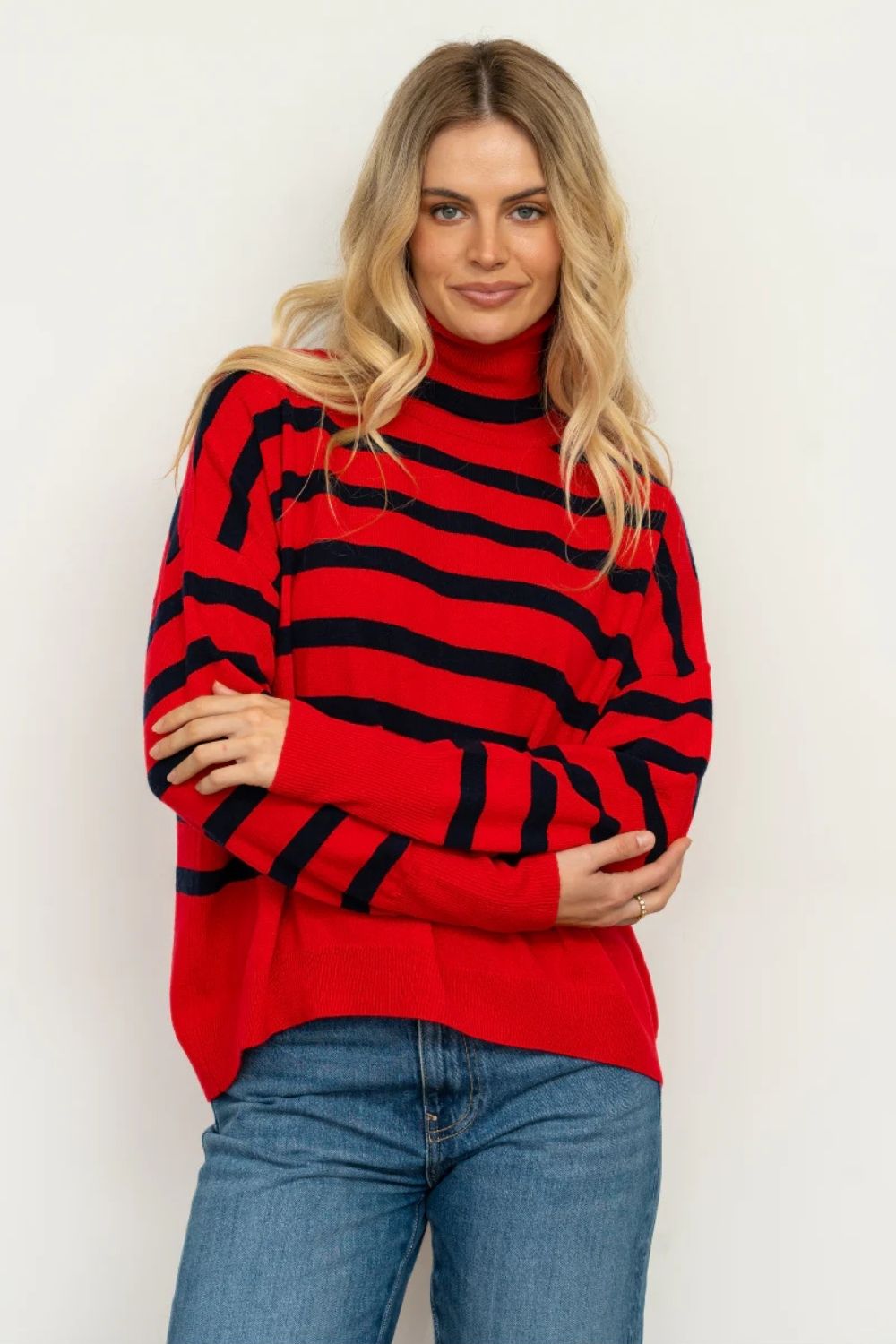 Shirty | The Carter Wool / Cashmere Polo Neck | China Red / French Navy Stripe - Dutch Hideout