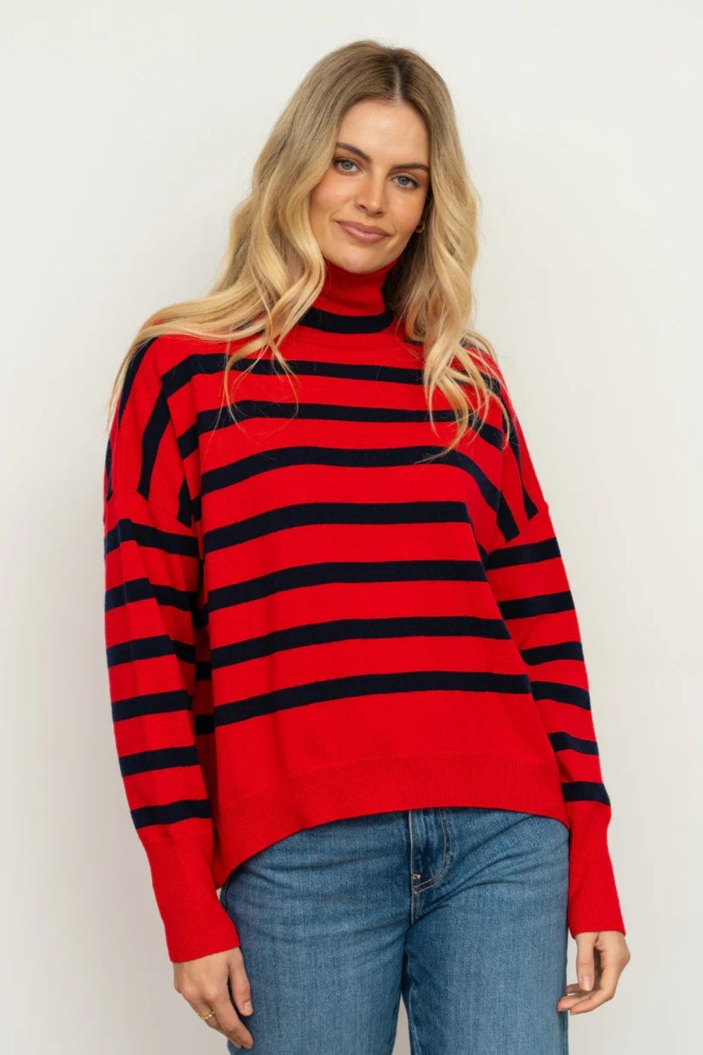 Shirty | The Carter Wool / Cashmere Polo Neck | China Red / French Navy Stripe - Dutch Hideout