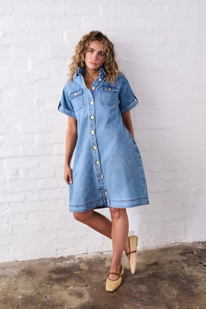 Kireina | Simone Dress | Check Stitch - 70s Blue