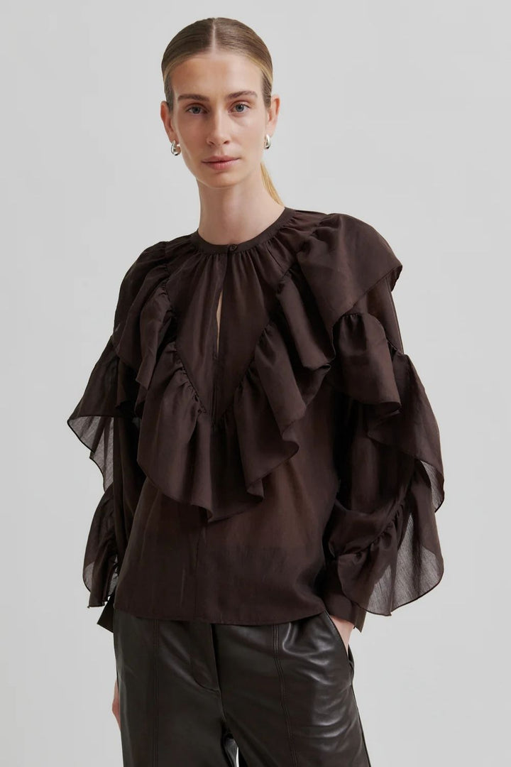 Second Female | Fria Frill Detail Blouse | Chocolate Plum