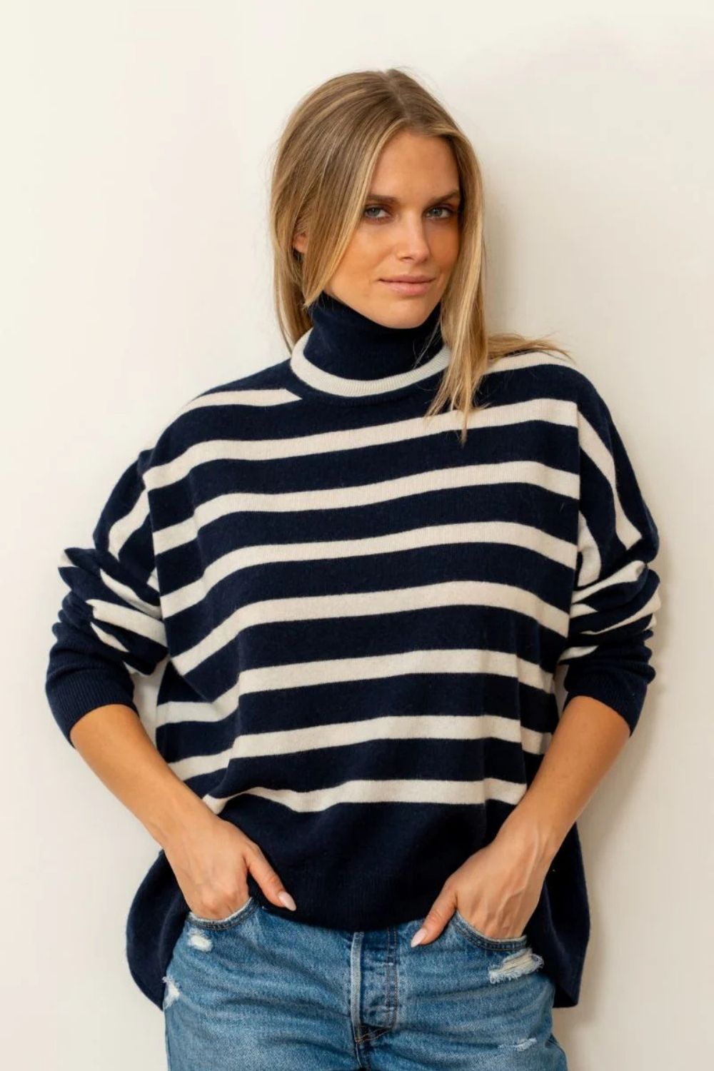 Shirty | The Carter Wool / Cashmere Polo Neck |  French Navy / Ivory Stripe - Dutch Hideout