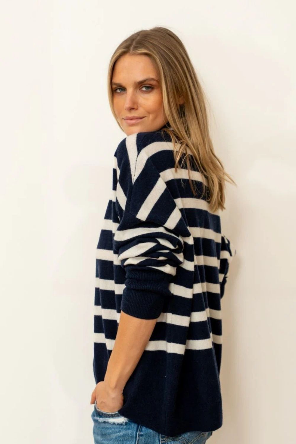 Shirty | The Carter Wool / Cashmere Polo Neck |  French Navy / Ivory Stripe - Dutch Hideout