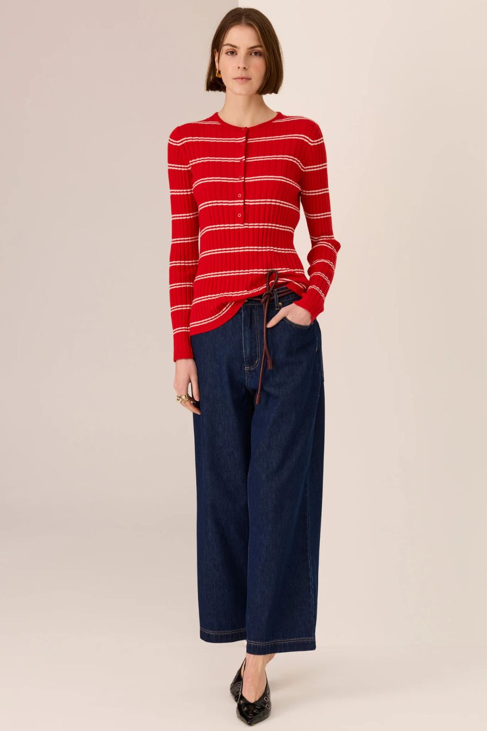 POL Clothing | Tate Henley Knit | Red / White - Dutch Hideout