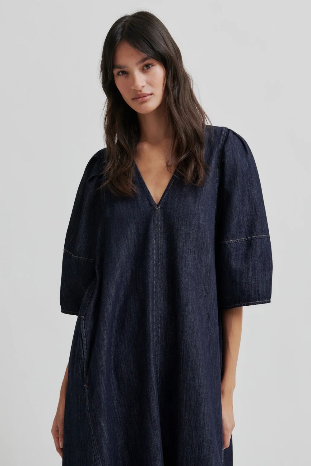 Second Female | Dera V Neck Denim Dress | Dark Blue Denim - Dutch Hideout