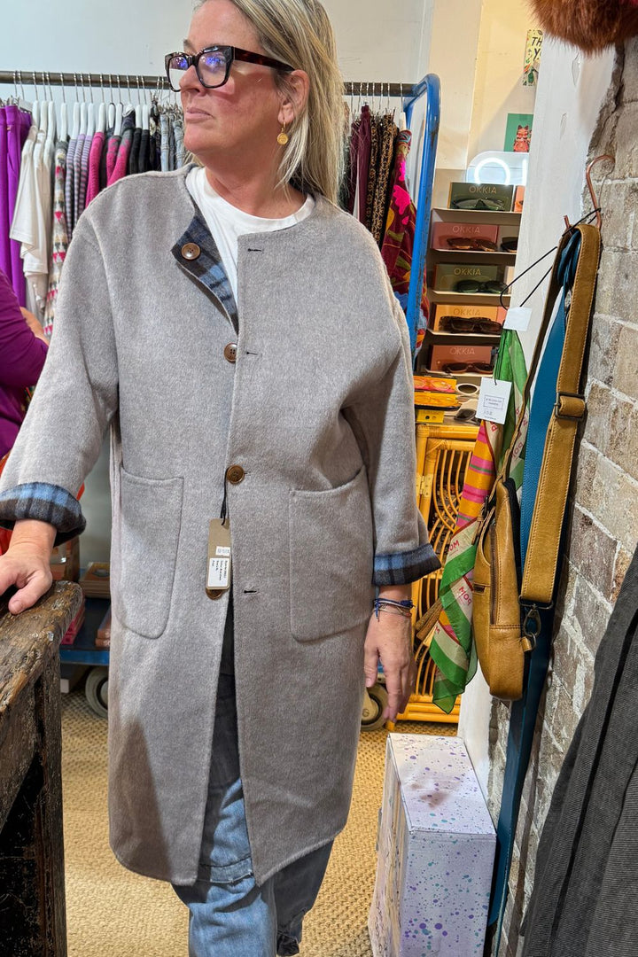 Reversible Built in Scarf Coat | Grey / Blue